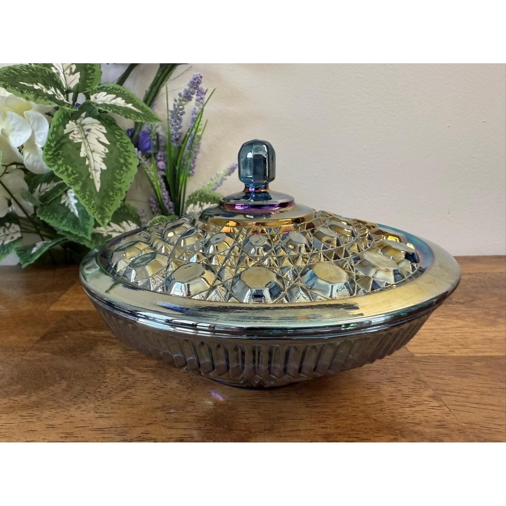 Vintage Indiana Glass Windsor Blue Carnival Covered Dish Iridescent Geometric‎